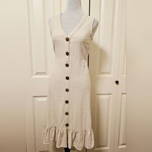 Monteau Linen Dress Beige Cream  Button-Front Midi Sz M
